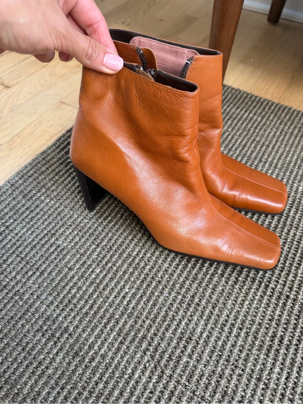 Anne Klein Cognac Leather Square-Toe Ankle Boots